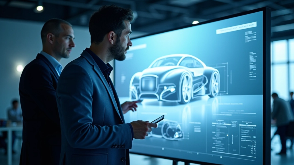 Inženieru komanda analizē konceptauto tehniskos parametrus uz liela ekrāna