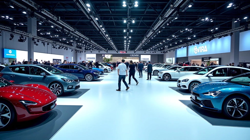 Lielā izstādes telpa ar vairākiem automobiļiem un apmeklētājiem