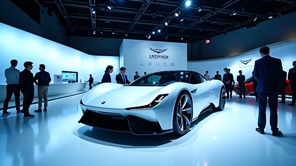 Tokijas salona modernais paviljons ar krāsainiem automobiļiem un apmeklētājiem