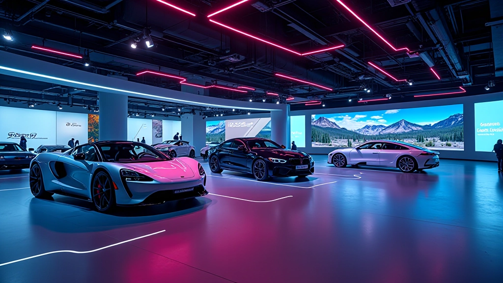 Tokijas autosalona izstādes telpa ar futuristiskām automašīnām