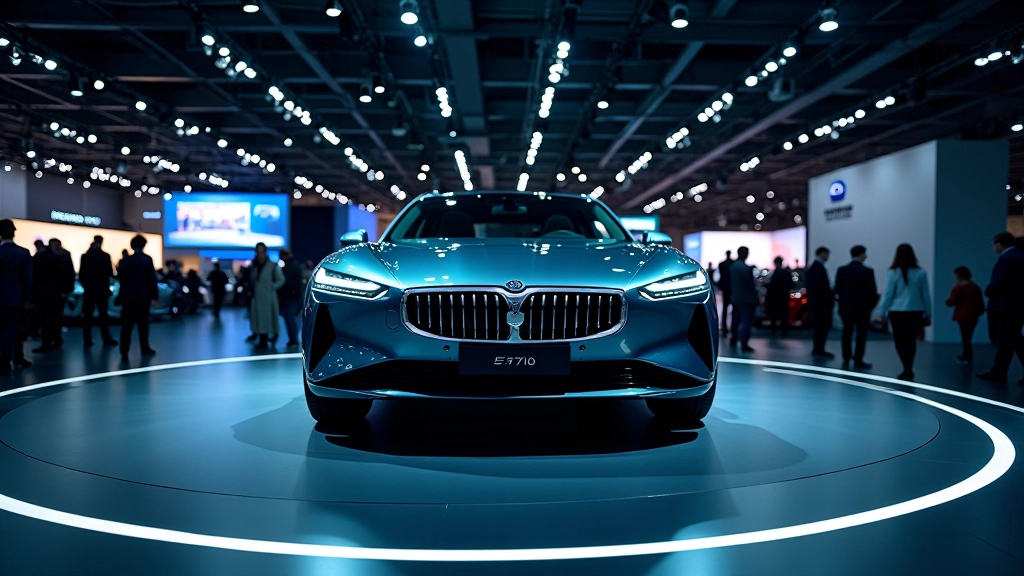 Modernu automobiļu modeļu prezentācija izstādes zālē ar spilgtiem apgaismojumiem un aizrautīgiem apmeklētājiem