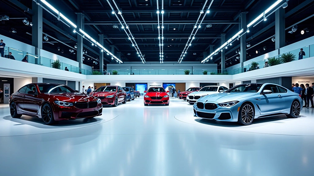 Ženēvas izstādes telpa ar modernu arhitektūru un izgaismotiem automobiļiem
