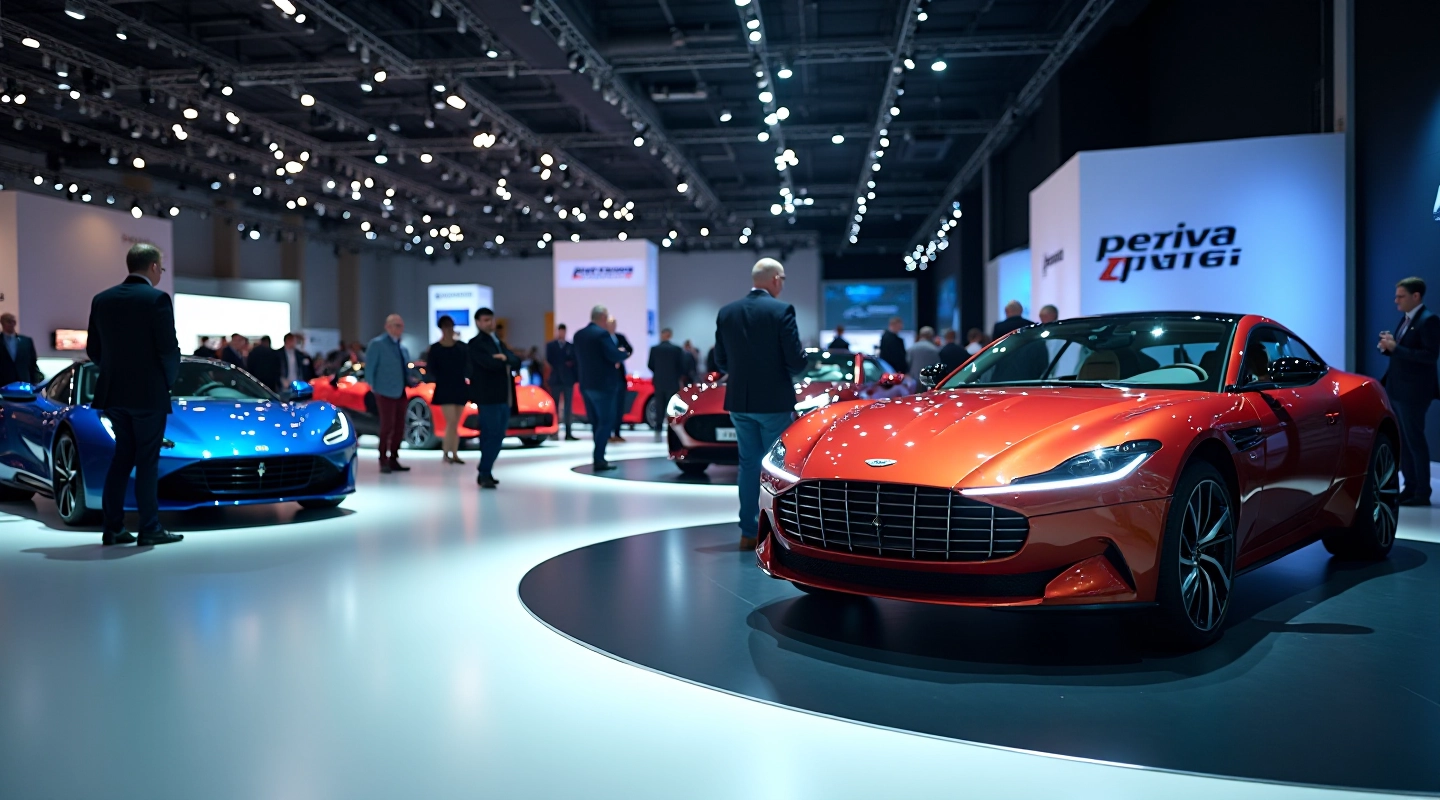Starptautiska autoizstāde ar luksusa automobiļiem un apmeklētājiem