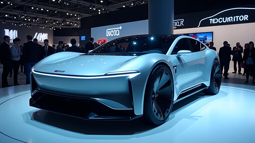 Futuristisks elektrisks automobilis uz piedāvājuma platformas ar modernu dizainu un LED apgaismojumu