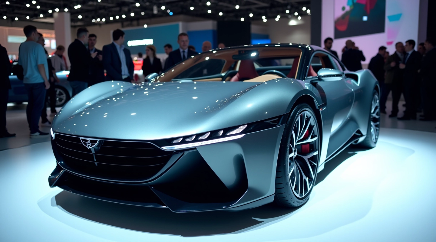 Jauns sporta automobilis izstādē ar LED gaismām un modernu dizainu